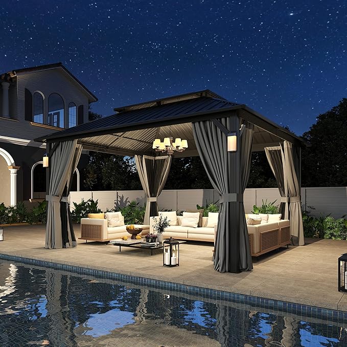 Aoxun 14'x12' Hardtop Gazebo with 4 LED Lights, Outdoor Gazebo with Galvanized Steel Double Roof, Patio Gazebo with Breathable Netting & Privacy Curtain, Decor Hooks for Backyard, Gray