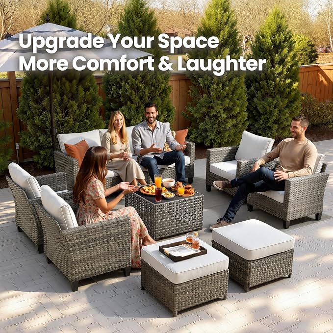 8 Piece Wicker Patio Furniture Set with Solar Table, Gray | Outdoor Deep Seating Sofa Chair Ottoman, Solar Lights Table, All Weather Rattan, Modern Conversation Set, Porch Deck Backyard