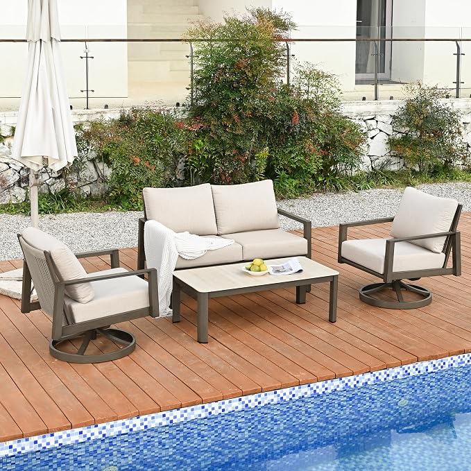 HAPPATIO Patio Conversation Set, 4-Piece Aluminum Oversized Patio Furniture Set with Rope Woven Backrest, 2 Swivel Chairs and Loveseat with Thick Cushion, Hand-Brushed Frame for Yard, Porch, Balcony