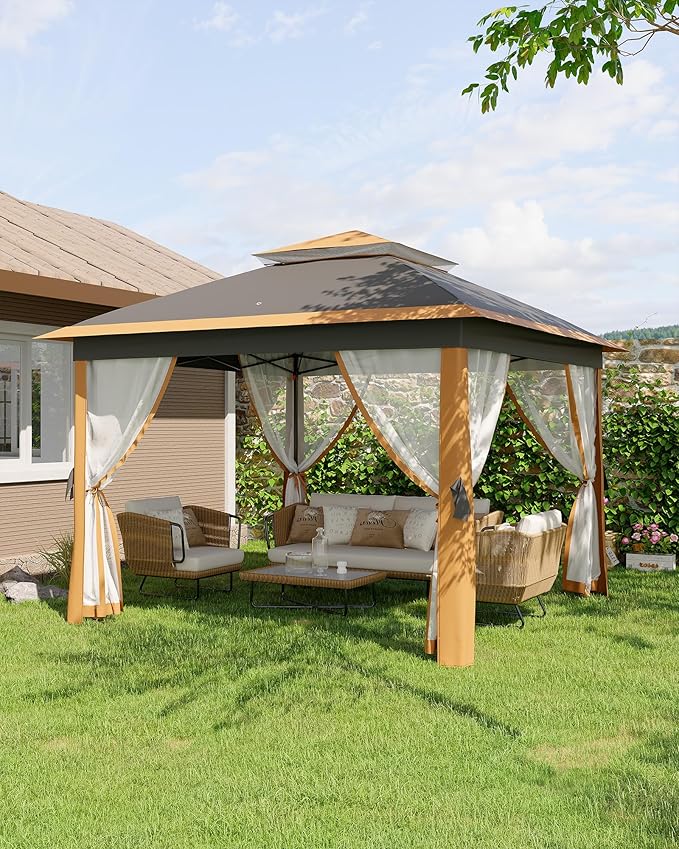 Garvee 11x11FT Pop Up Gazebo with Mosquito Netting, Outdoor Canopy Tent Easy Setup for Backyard Patio Garden Deck, Khaki