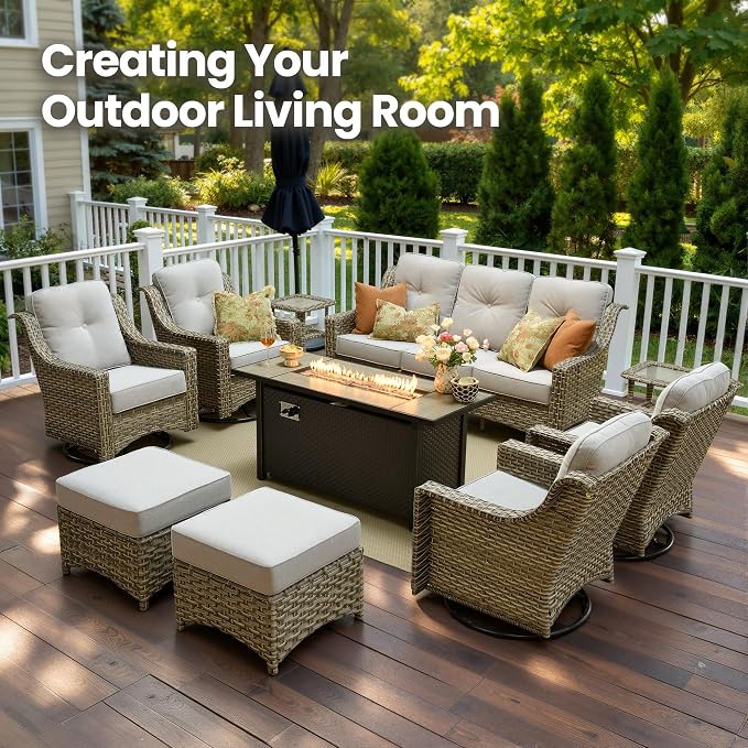 10 Piece Patio Furniture Set with Fire Pit Table, Outdoor Wicker High Back Sofa and Swivel Rocker Chairs Set of 4 with Ottoman, Large Conversation Sets for Backyard Deck Garden, Grey