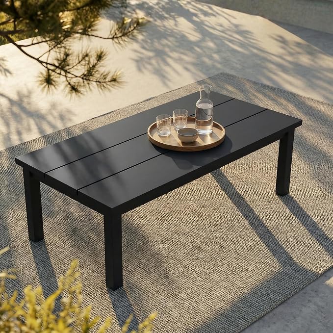 8 Piece Patio Furniture Set, HDPE Sectional Sofa Seating for 7, Includes 3-Seat Sofa, Loveseat, 2 Armchairs, Coffee Table, All-Weather Outdoor Conversation Set with Olefin Fabric, Black/Khaki