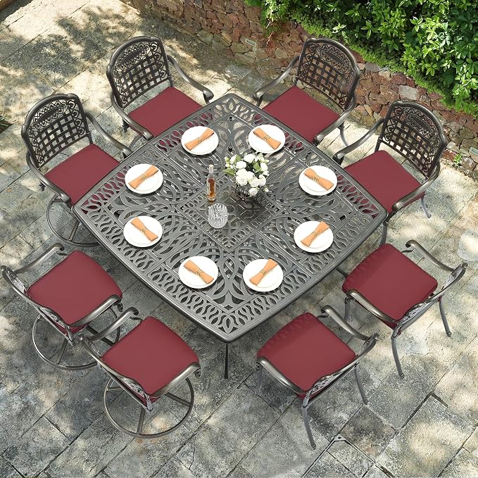 VIVIJASON 9-Piece Outdoor Dining Set, Cast Aluminum Patio Table & Chair Furniture Set for 8, Include Large 64" Square Dining Table, 4 Swivel Rocker Chairs, 4 Stationary Chairs, Umbrella Hole, Red