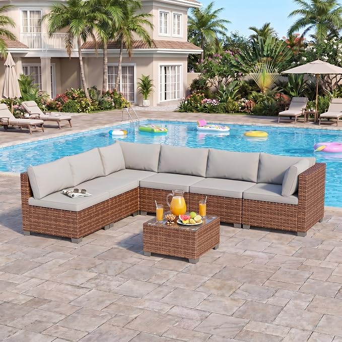 Ahomly 7-Piece Patio Furniture Set, Outdoor Sectional Couch with Water-Resistant Cushions & Coffee Table, PE Rattan Outdoor Patio Sofa Set for Backyard, Deck, Garden, or Porch, Grey