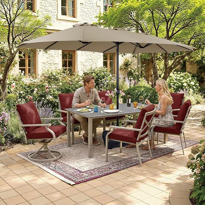 7-Piece Patio Dining Set, Grey Food-Grade Sintered Stone Dining Table with Umbrella Hole, 4 Dining Chairs and 2 Swivel Chairs with Red Removable Thickened Cushions for Garden Lawn Yard