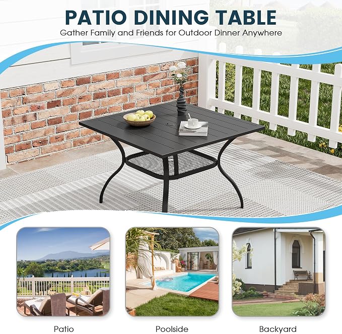 5 Pieces Patio Dining Set, 38" Square Dining Table with Umbrella Hole, 4 Stackable Textilene Fabric Chairs, Metal Structure for Patio, Porch, Garden(Black Table, Blue Chair)