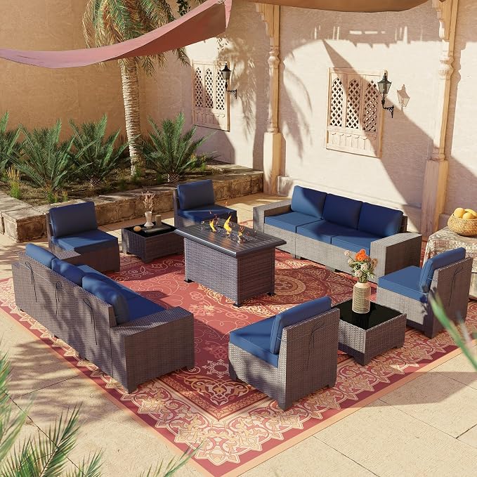 13 PCS Outdoor Patio Furniture Set,Outdoor Sectional Furniture with 43" 55000 BTU Gas Propane Fire Pit Table,All Weather PE Rattan Wicker Patio Conversation Set,Navy Blue