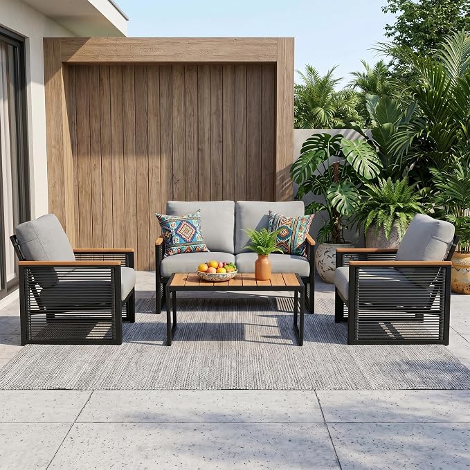 NATURAL EXPRESSIONS Aluminum Patio Furniture Set, Outdoor Conversation Sets with Fauxwood Arm & Tabletop, Rattan Side-armrest, 6" Olefin Cushions, Patio Sectional Furniture for Porch, Yard, Balcony