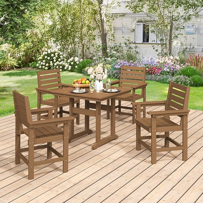 Outdoor Dining Chairs Set of 2, All Weather HDPS Patio Dining Chairs, Heavy Duty Outdoor Chair with Armrest for Backyard Deck Porch, Brown