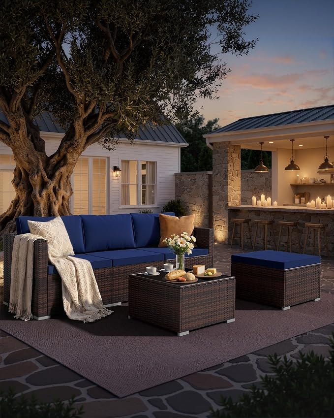 Skyfish Patio Furniture Set - Wide Armrests - All-Weather 5 Piece Outdoor Wicker Sectional Couch with Chaise Lounge,Couch Conversation Set, PE Rattan Sofa for Backyard Porch Poolside Brown/Navy Blue