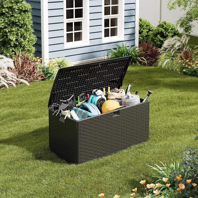 100 Gallon Blow Molded Deck Box, No Assembly Required Outdoor Storage Box, Waterproof Patio Storage Bench with Gas Spring Lid,Lockable Large Storage Container for Garden Tools, Pool Supplies, Cushions