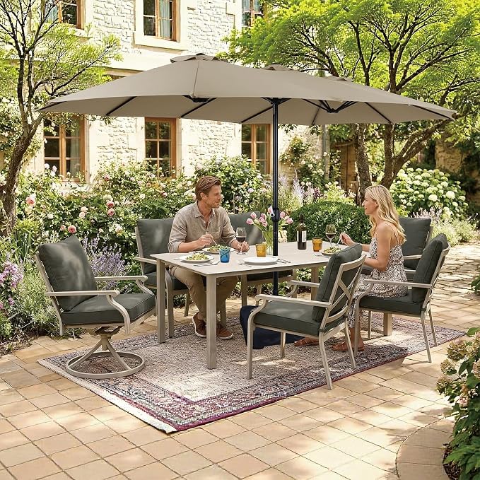 7-Piece Patio Dining Set, White Food-Grade Sintered Stone Dining Table with Umbrella Hole, 4 Dining Chairs and 2 Swivel Chairs with Grey Removable Thickened Cushions for Garden Lawn Yard