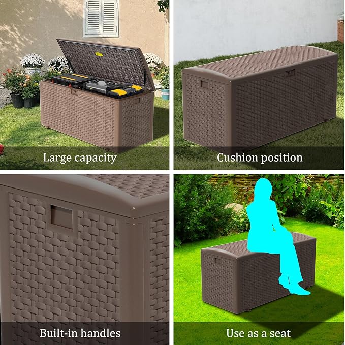 Outdoor Storage Box Waterproof, 180 Gallon Pro Lockable Resin Deck Box Large, Patio Storage Bin for Pool Accessories Cushion Furniture, Garden Tools, UV-Resistant Outside Delivery Brown