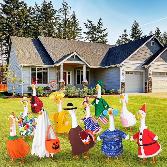 11 Set Holiday Porch Goose Outfits All Seasons Goose Clothes Umbrella Easter Statue Costume for Patio Lawn Outdoor