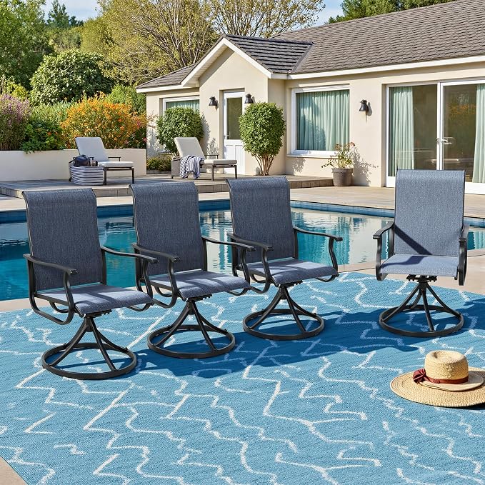 Crownland Outdoor Swivel Dining Chair Set of 4, All Weather 360° Swivel Rocking High Back Model Patio Dining Chairs, Textilene Fabric Wrought Iron Dining Chair Set for Backyard, Lawn, Garden(Blue)