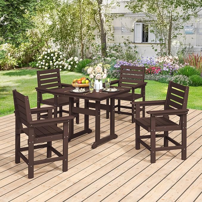 Outdoor Dining Chairs Set of 2, All Weather HDPS Patio Dining Chairs, Heavy Duty Outdoor Chair with Armrest for Backyard Deck Porch, Coffee Brown