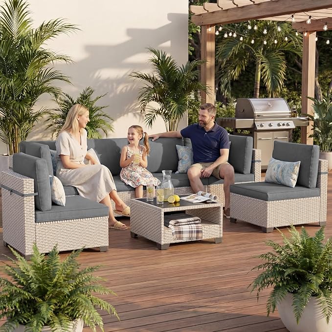 Patio Furniture Set, 14-Piece Outdoor Sectional Sofa with 2-Layer Glass Coffee Table, Wicker Patio Conversation Set with Gray Cushions for Backyard, Poolside, Porch