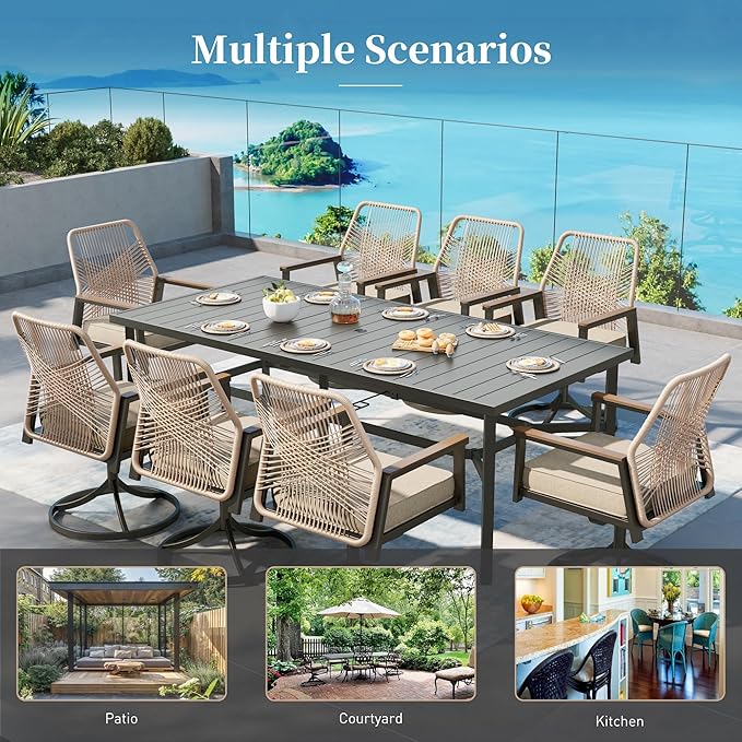Patio Dining Set 9 Piece, 8 x Woven Rattan Swivel Chairs with Waterproof Cushion, 57.5" Square Wood-Like Metal Table with Umbrella Hole, Outdoor Table and Chairs Set for Backyard Lawn and Deck, Beige