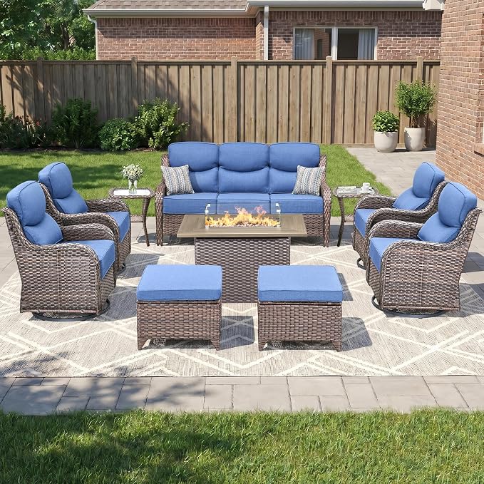 Luxury Patio Furniture Set 10pcs with 6-inch Cushion, Outdoor Furniture with Fire Pit Table, Swivel Chairs, Sofa, Side Table, Ottomans, Patio Set for Deck Yard Brown Wicker | Blue Cushions