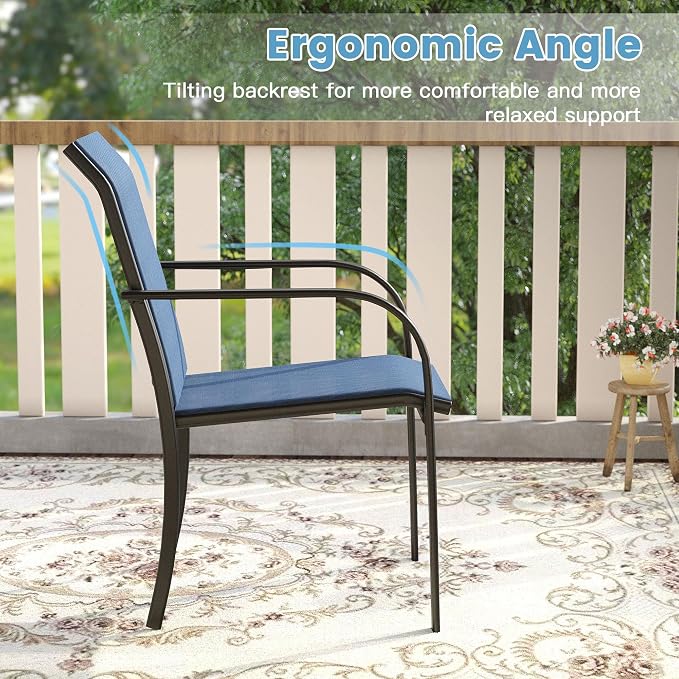 DIFY 5 Pieces Outdoor Dining Table Chair Set, Patio Dining Set with 1 Black Square Curved Legs Table with and Umbrella Hole & 4 Blue Stackable with Armrests Chairs for Lawn, Garden, Porch