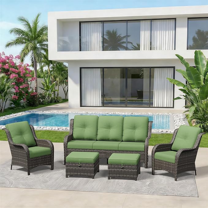 5 Piece Outdoor Wicker Patio Furniture Set, Patio Chairs Set with Thickened Olefin Cushions, High Back and Deep Seating, Hand-Woven PE Rattan, Ottoman for Porch, Deck