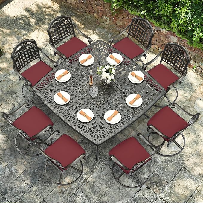 VIVIJASON 9-Piece Outdoor Dining Furniture Set, Cast Aluminum Patio Table & Chairs Set for 8, Include Large 64" Square Dining Table and 8 Swivel Rocker Chairs with Umbrella Hole, Red