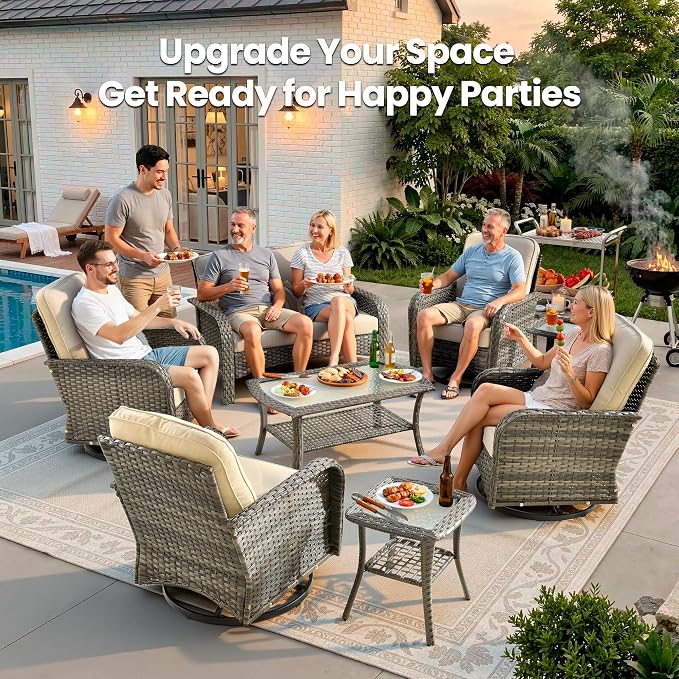 8 Piece Wicker Patio Furniture Set with Swivel Chairs,Beige | 4 Swivel Rocker Chairs, High Back Loveseat Sofa, Coffee Table, Rattan Outdoor Conversation Set, Porch Deck Backyard Poolside