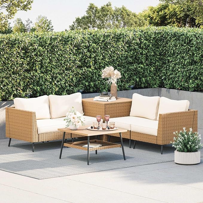 LAUSAINT HOME 6 Pieces Outdoor Patio Furniture Sets, Rattan Conversation Sectional Set with Cushions and Storage Box, Patio Sofa with Outdoor Table