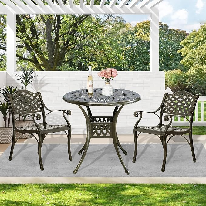 MEETWARM 3 Piece Patio Bistro Set, Outdoor All-Weather Cast Aluminum Dining Furniture Set Includes 2 Chairs and a 31” Round Table with Umbrella Hole for Garden Deck