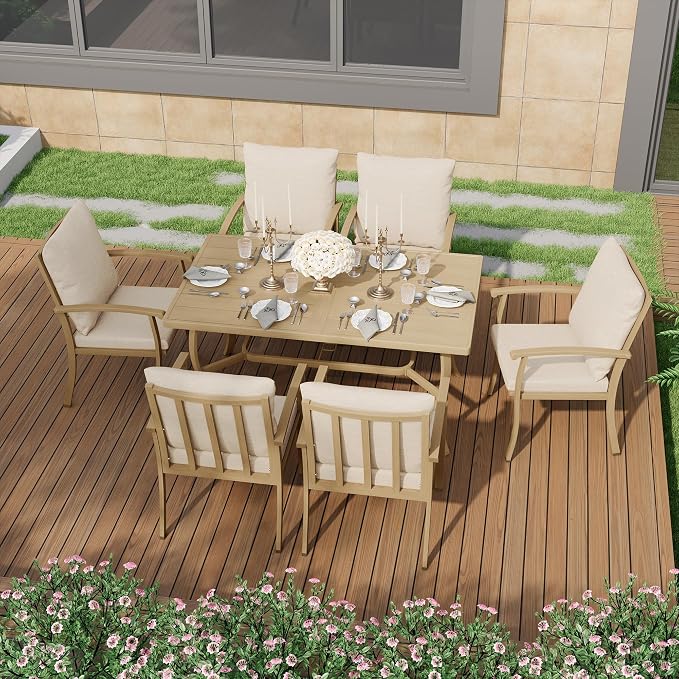 HAPPATIO 7 Piece Patio Dining Set, Aluminum Outdoor Dining Set for 6, Aluminum Dining Table and Chairs Set, Patio Furniture with Table, Chairs and Washable Cushions (Beige)