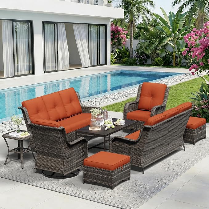 8 Piece Outdoor Wicker Patio Furniture Set, Outdoor Swivel Rocker Patio Chairs Set with Thickened Olefin Cushions, High Back and Deep Seating, Hand-Woven PE Rattan for Porch, Deck