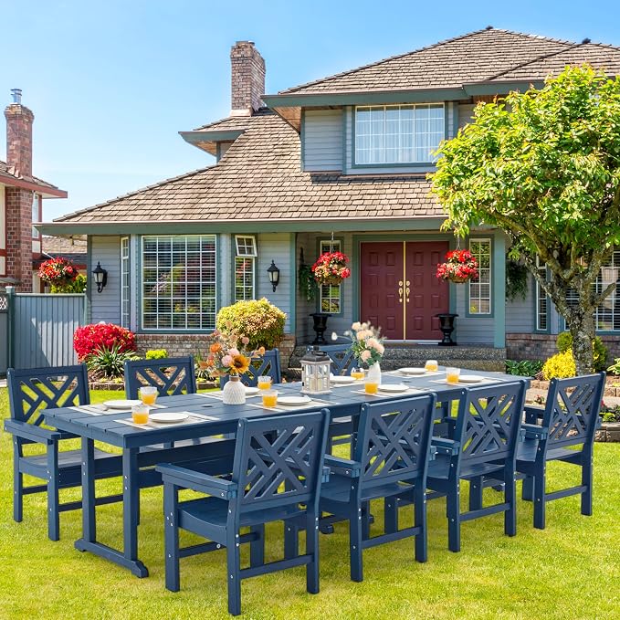 HDPE Dining Table Set for 8,10-Piece Outdoor Table and Chairs Include 8 Dining Chairs and 2 Pcs 62.5" Patio Dining Table with Umbrella Hole (Blue)