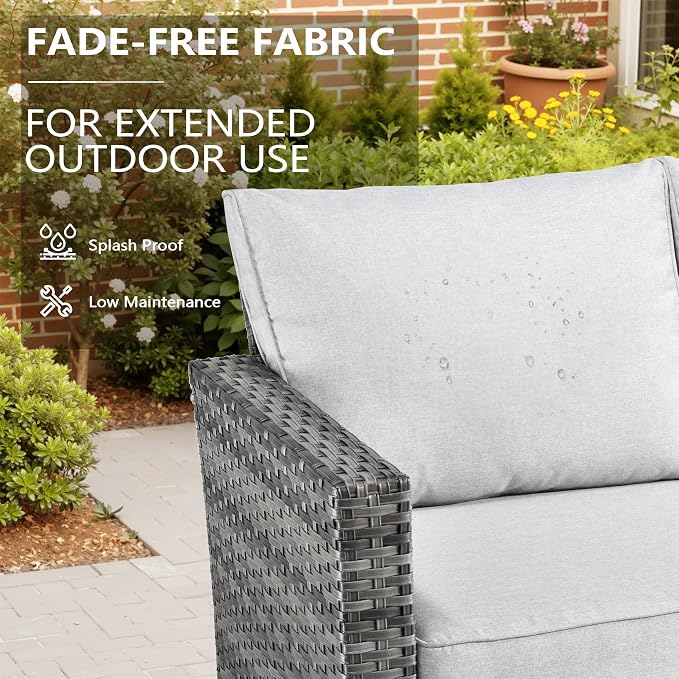 CAODOC 7-Piece Outdoor Wicker Patio Set with 7 Seats, Including 53" Fire Pit - Swivel Rocker Chairs and Conversation Set for Backyard or Lawn, Gray Rattan with Waterproof Gray Cushions