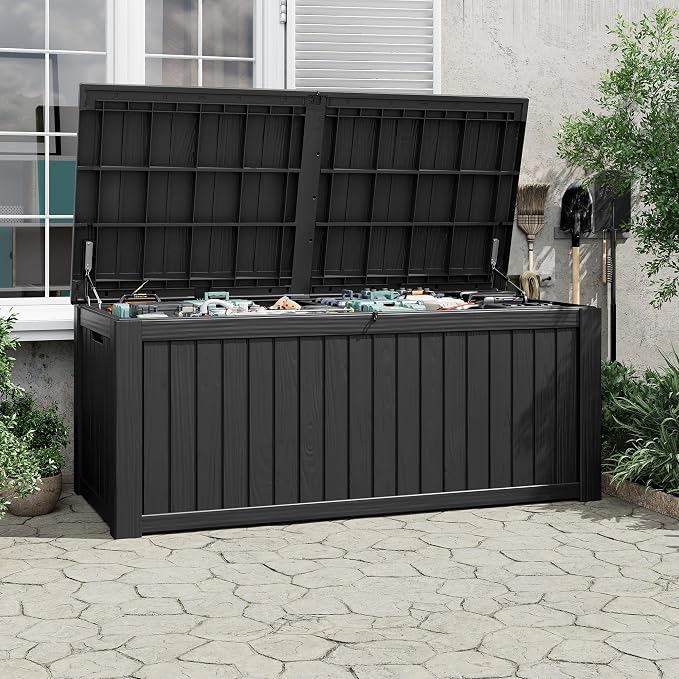KAMABOKO Outdoor Storage Box, 230 Gallon Large Outdoor Resin Deck Box, Storage Waterproof Boxes Lockable Lid for Garden Tools, Pool Supplies, Patio Furniture and Cushions, Black