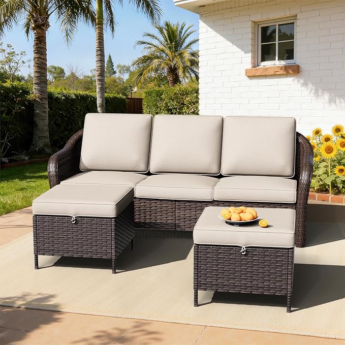 Outdoor Sectional Couch Set | 78" 3-Seat Couch with 2 Ottomans, Patio Conversation Furniture Set, Outside Wicker Furniture with Washable Cushions (Beige)