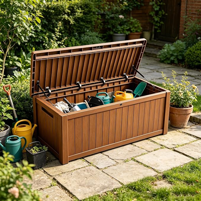 Outdoor Storage Solution with Deck Box Design, Multi-purpose Patio Furniture for Garden Tools, Shoe Storage & Cushions, Strong Storage Bins with Lids Style (brown)