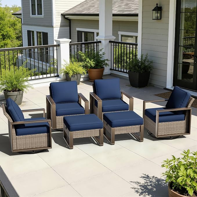 6 Pieces Metal Wicker Patio Furniture Set - Four Swivel Chairs and Two Ottomans, All Weather Rattan Outdoor Conversation Furniture with Washable Cushion for Deck Porch, Dark Blue