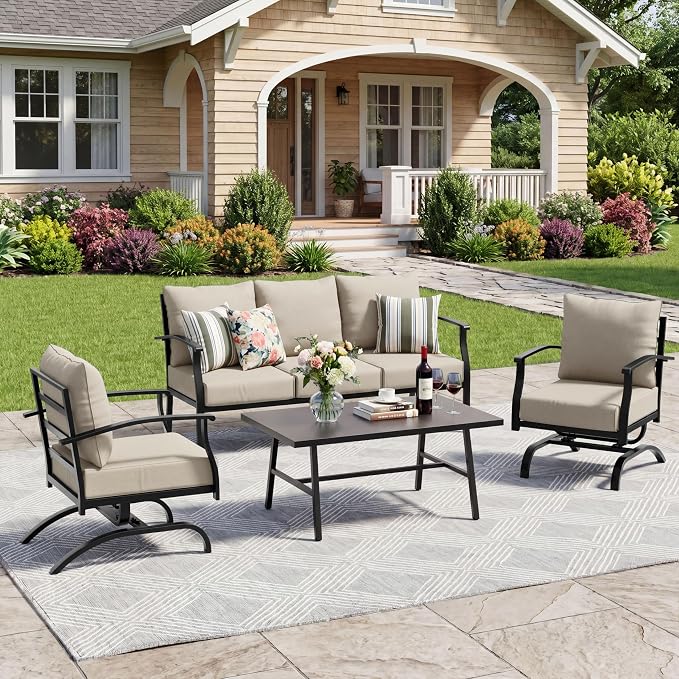 4 Piece Patio Furniture Set, Metal Outdoor Patio Furniture Set, All Weather Modern Couch Sofa with Comfortable Cushions & Coffee Table, Metal Conversation Set for Balcony, Porch, Deck (Khaki)