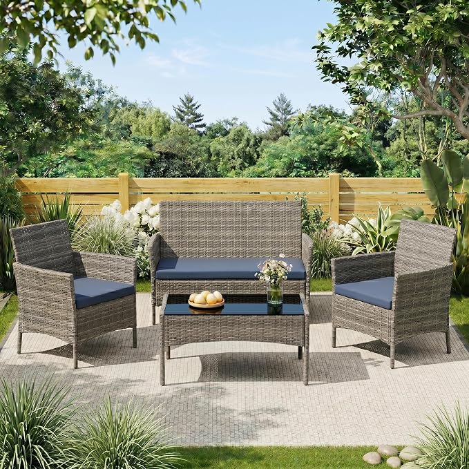 4 Pieces Outdoor Patio Furniture Set, Wicker Patio Conversation Set with Tea Table, All-Weather Outside Rattan Sectional Sofa for Backyard, Poolside, Garden, Balcony, Gray/Navy