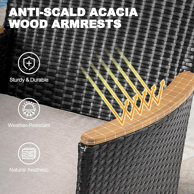 NUU GARDEN 5 Piece Patio Dining Set, Acacia Wood Table and Wicker Dining Chairs with Cushions, All Weather Outdoor Furniture for Balcony Garden Poolside, Black