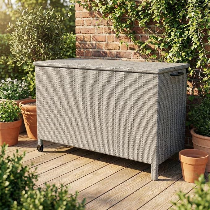 120 Gallon Waterproof Outdoor Wicker Deck Box, Large PE Rattan Storage Chest with Lockable Lid & Gas Strut, All-Weather Patio Storage Bench for Cushions Garden Tools, Grey