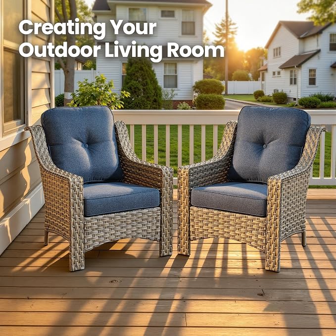 2 Piece Patio Furniture Set, Outdoor Wicker Chairs Set of 2 with Thick Cushion, Heavy Duty High Back Comfortable Chair for Small Balcony Porch Garden, Denim Blue