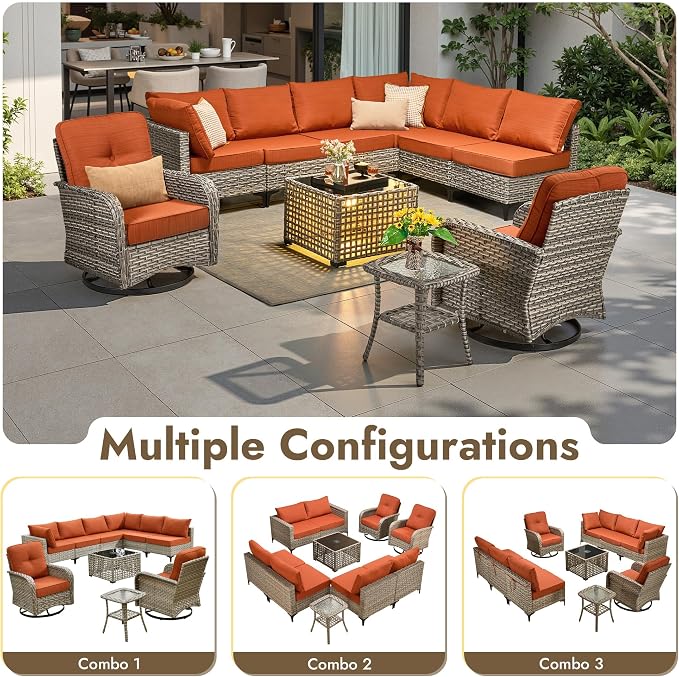 10 Pieces Outdoor Sectional Patio Furniture Set with Swivel Rocking Chairs,Wicker Conversation Sets Rattan L Shaped Couch,Modular Outdoor Sofa for Porch Balcony Backyard Orange