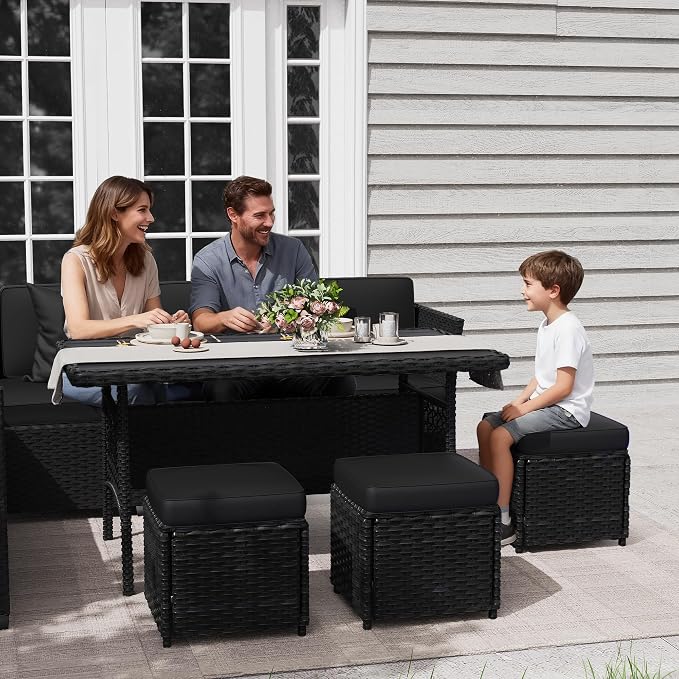 KIGOTY 7 Piece Patio Furniture Set, Outdoor PE Wicker Rattan Outdoor Dining Set, Patio Table and Chairs Set, Patio Conversation Sofa Set with Dining Table and Ottoman(Black-Black)