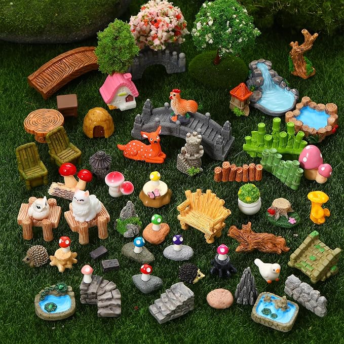 65 Pcs Fairy Garden Accessories Mini Resin Animals Figures | Miniature Table and Chairs Bridge Mushroom Pond Fence Moss Bonsai Landscape Ornaments Kit for Garden DIY Craft