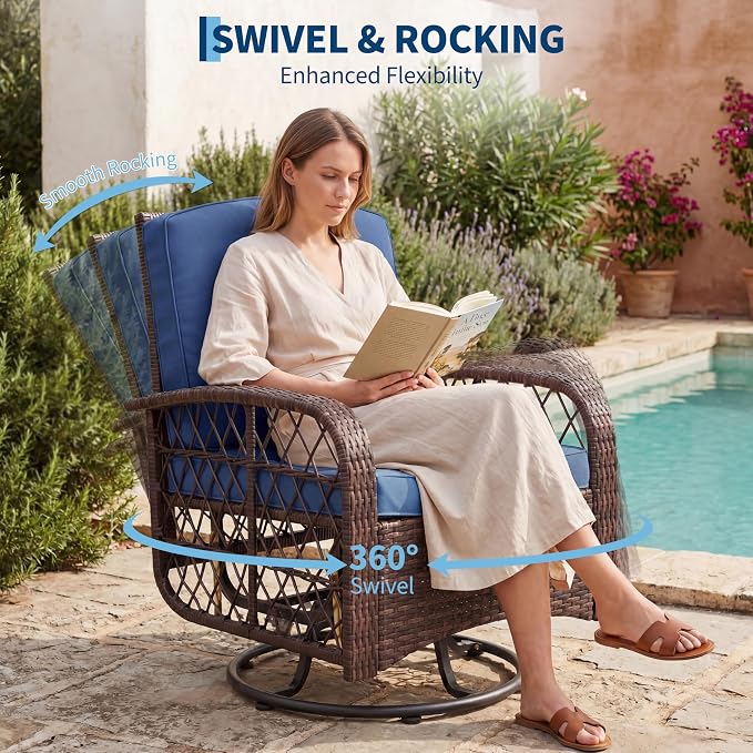 3 Pieces Patio Furniture Set, Outdoor Swivel Glider Rocker with Washable Cushions, Tempered Glass Tabletop Conversation Set for Deck, Porch, Balcony, Backyard, Garden, Brown & Blue