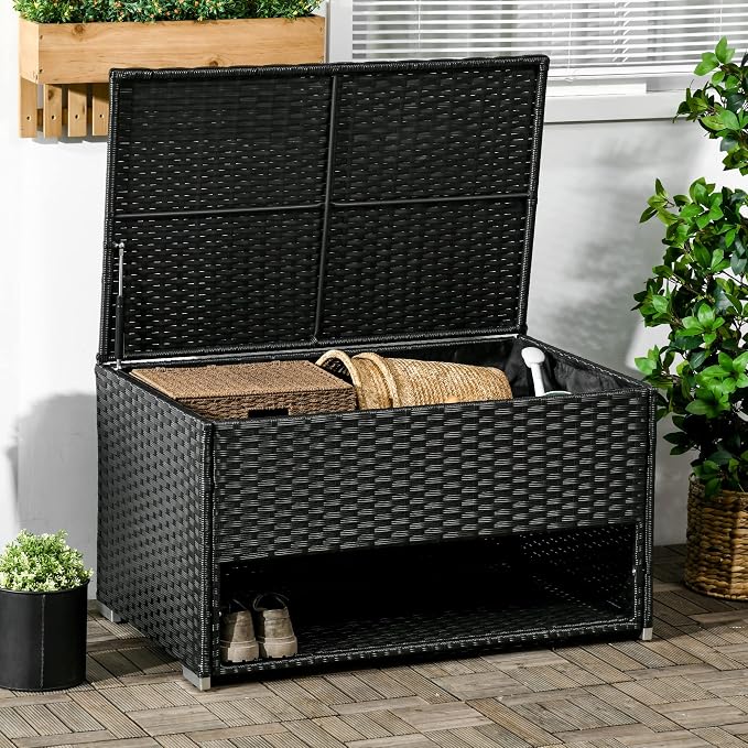 Outdoor Deck Box Shoe Storage, PE Rattan Wicker Towel Rack with Liner for Indoor, Outdoor, Patio Furniture Cushions, Pool, Toys, Garden Tools, Black