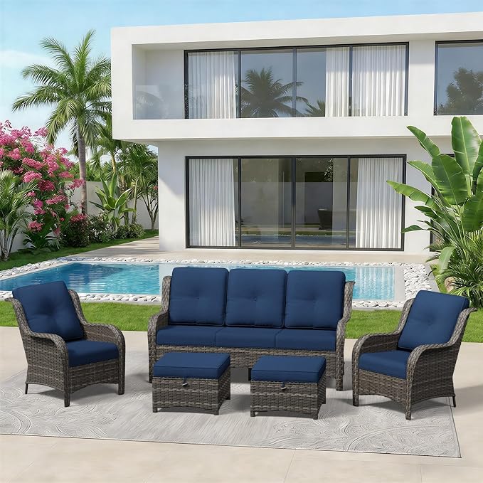 5 Piece Outdoor Wicker Patio Furniture Set, Patio Chairs Set with Thickened Olefin Cushions, High Back and Deep Seating, Hand-Woven PE Rattan, Ottoman for Porch, Deck
