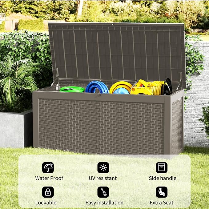 Outdoor Storage Box 325GAL Waterproof Resin Deck Box,Pool Accessories Supplies,UV-Resistant Lockable Package Delivery Bin for Garden Tools,Large Patio Outside Cushions,Chest,Furniture,Grey