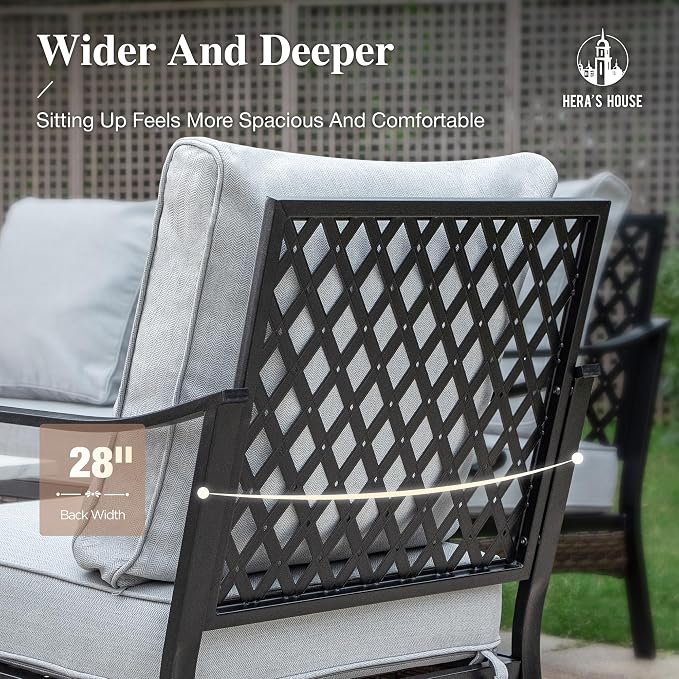 HERA'S HOUSE 4 Piece Metal Patio Furniture Set, All Weather Outdoor Conversation Set with 3 Seat Sofa, 2 Swivel Chairs & Coffee Table, Seats 5 for Backyard, Garden, Deck, Light Grey